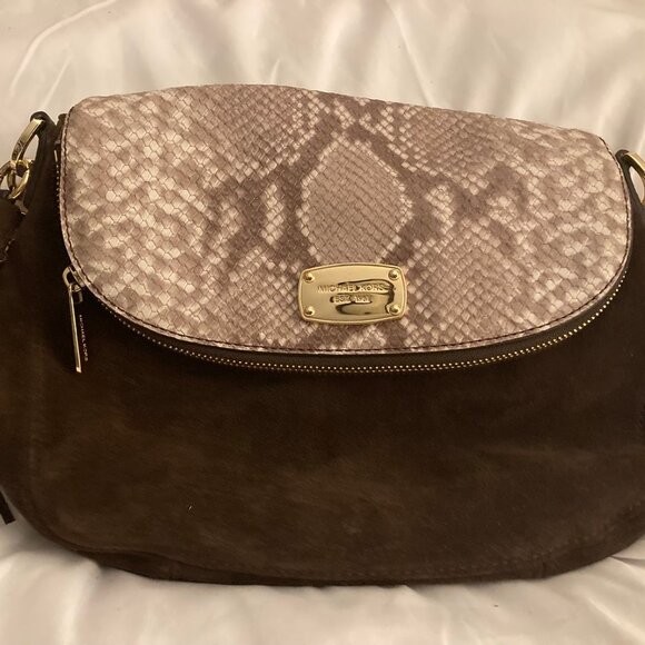NWOT MICHAEL KORS Bedford Embossed Python Brown Suede Shoulder Handbag - Picture 1 of 12